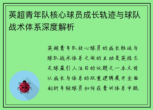 英超青年队核心球员成长轨迹与球队战术体系深度解析