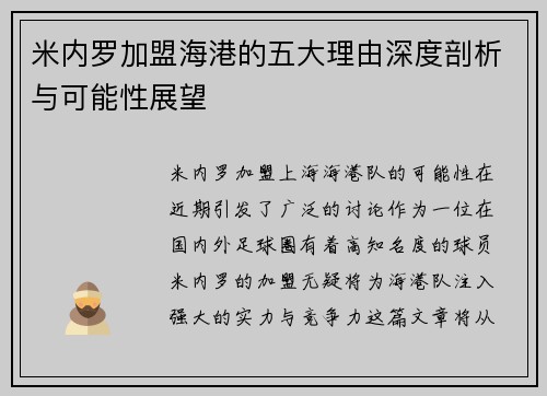 米内罗加盟海港的五大理由深度剖析与可能性展望
