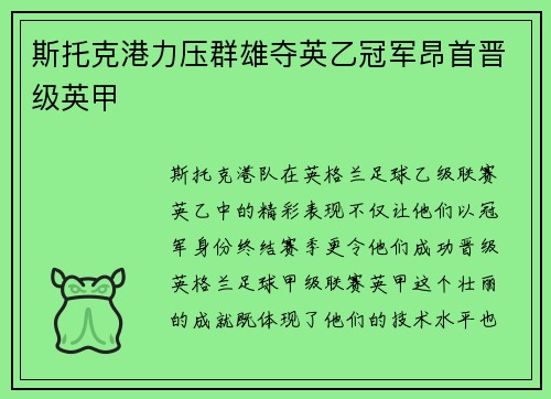 斯托克港力压群雄夺英乙冠军昂首晋级英甲
